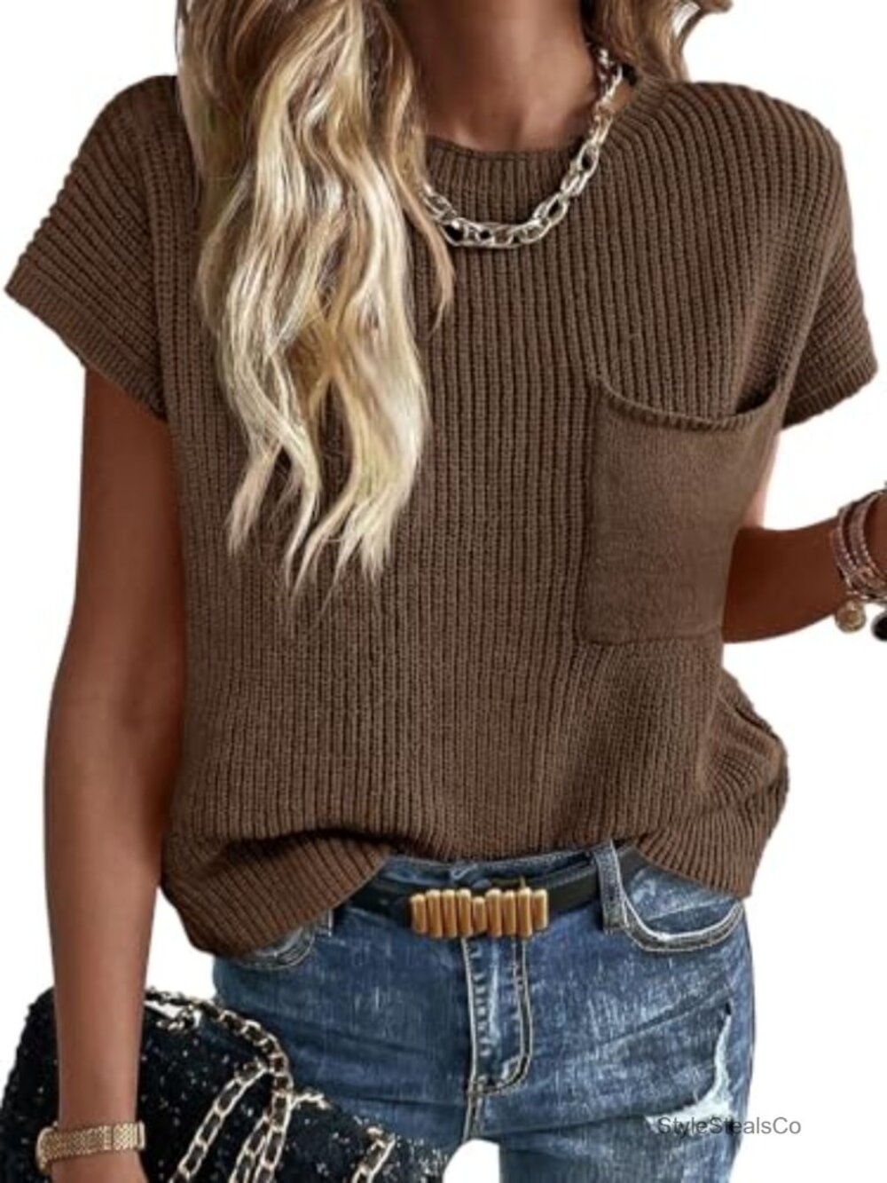 Women's Ribbed Knit Sweater Vest Crew Neck Sleeveless Loose Fit Casual
